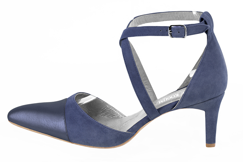 Prussian blue women's open side shoes, with crossed straps. Tapered toe. Medium comma heels. Profile view - Florence KOOIJMAN